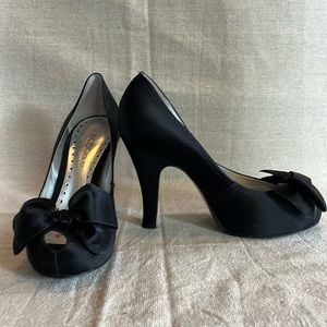 BCBGirls Peep Toe, Black Satin Bow Pump